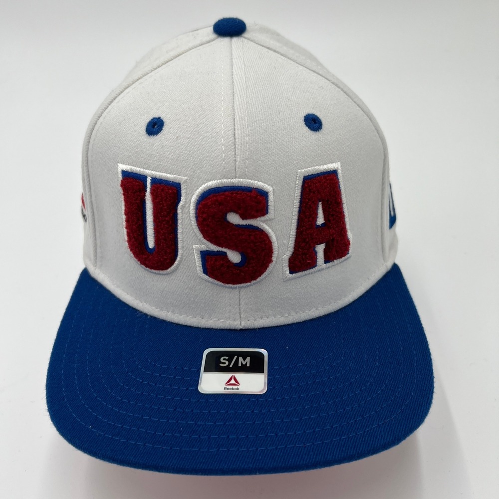 Reebok UFC‎ USA Team Fitted Hat SM White Blue Red Flat Brim MMA Stretch Fit New